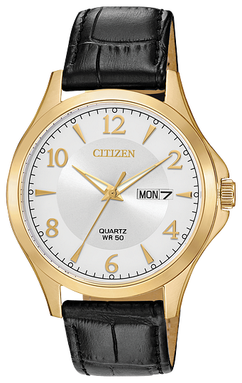 The Citizen Watch - Mens Quartz - BF2003-25A features a gold-tone stainless steel case, white dial with gold numbers and hands, black leather strap, and a day-date display showing MON 7 on the right side.