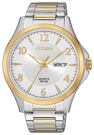 The Citizen Men’s Quartz Watch (BF2005-54A) features a silver-tone dial, gold markers and hands, day-date display on the right, and a stylish two-tone stainless steel band—blending elegance with daily utility.