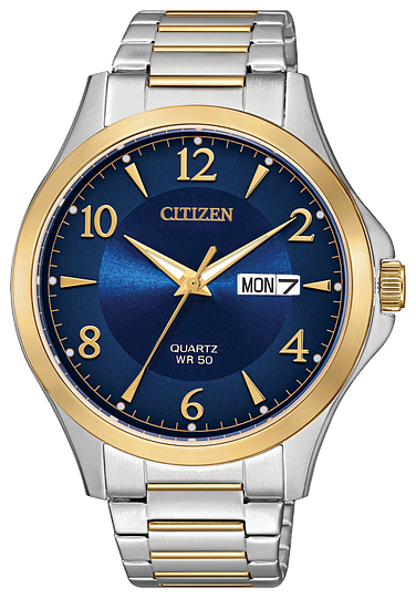 The Citizen Watch - Quartz - BF2005-54L is a men's two-tone stainless steel watch with a blue dial, gold hour markers and hands, a gold bezel, and displays both day and date.