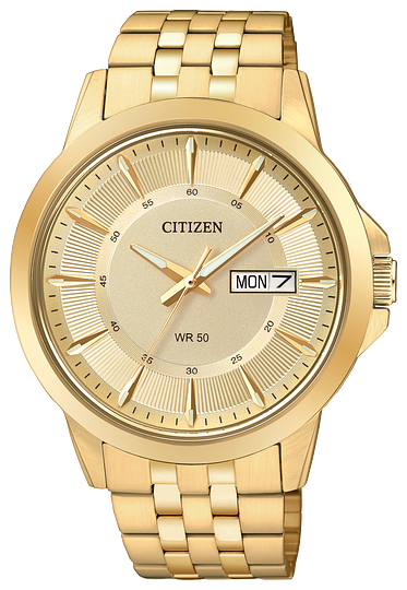 The Citizen Watch - Mens Quartz - BF2013-56P features a gold-tone stainless steel band, champagne dial, analog display, gold hour markers and hands, and a day-date window showing MON 7 on the right side of the face.