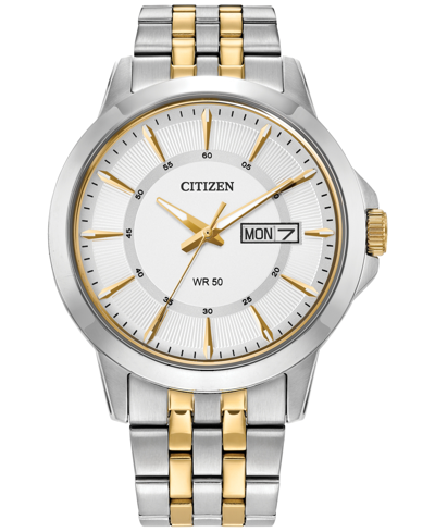 The Citizen Watch - Quartz - BF2018-52A by Citizen features a silver and gold stainless steel band, white dial, gold markers and hands, day-date display at 3 o’clock, silver bezel, and a gold crown on the right side.