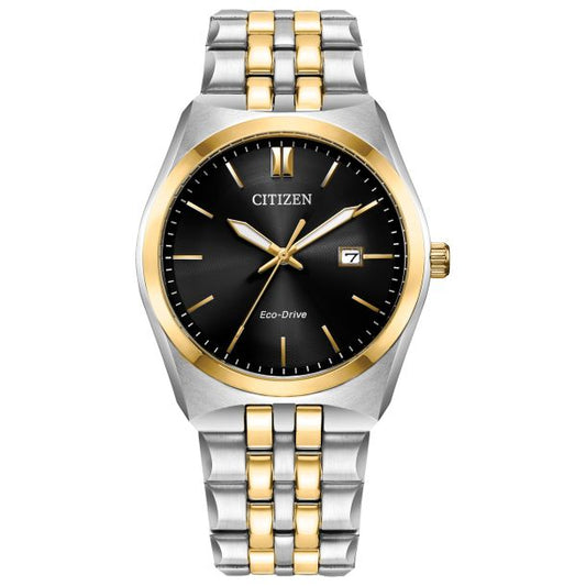 The Citizen Watch - Quartz - BF2018-52E features a 40mm round black dial with gold-tone hands and markers, date window, and a silver-and-gold two-tone band accented by a gold bezel for timeless elegance.