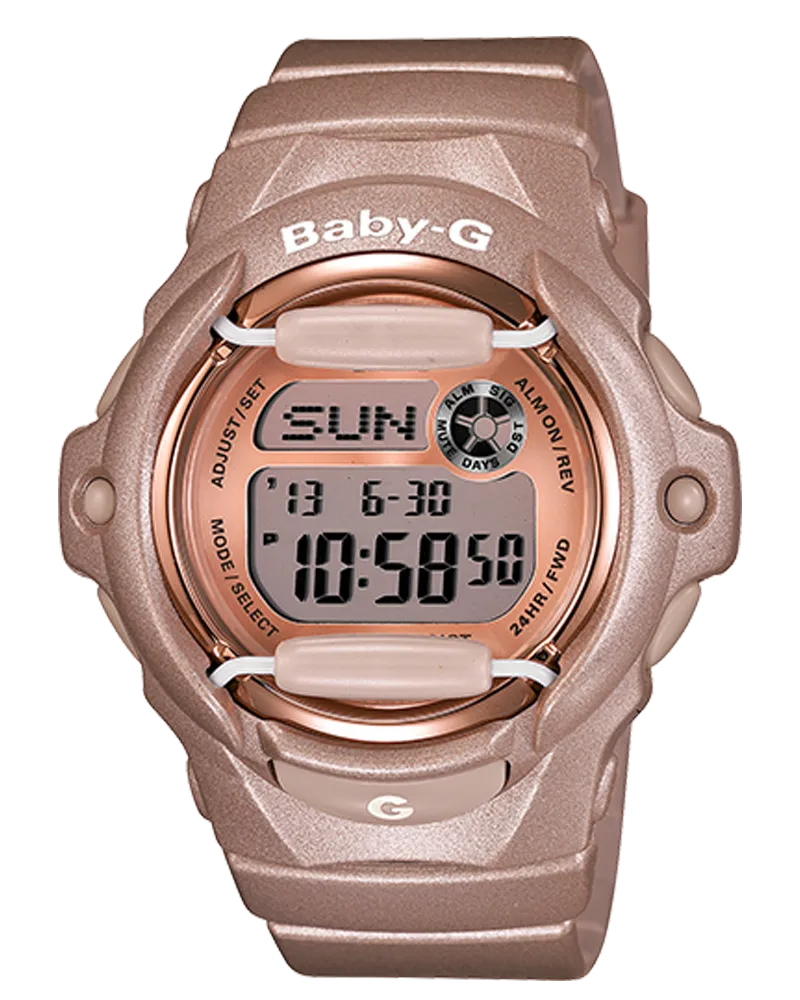 The VLC Distribution Co. Casio G-Shock Baby-G BG169G-4 is a rose gold digital watch showing day, date, and time, with labeled buttons, a sporty strap, and 200m water resistance for durable style.