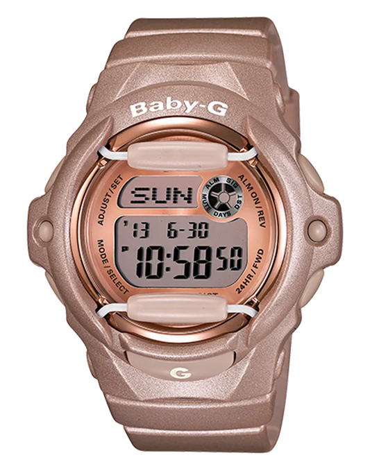 The VLC Distribution Co. Casio G-Shock Baby-G BG169G-4 is a rose gold digital watch showing day, date, and time, with labeled buttons, a sporty strap, and 200m water resistance for durable style.