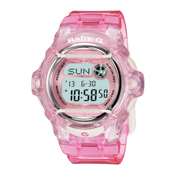 The Casio G-Shock Watch - BABY-G - BG169R-4 by VLC Distribution Co. features a translucent pink strap and casing, white and silver details, digital display showing SUN, 7-13, 10:58:50, and 200-meter water resistance for durability.