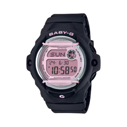Black G-Shock Watch - Baby-G - BG-169U-1C digital watch with a light pink face, featuring a protective guard over the display and a black resin strap.