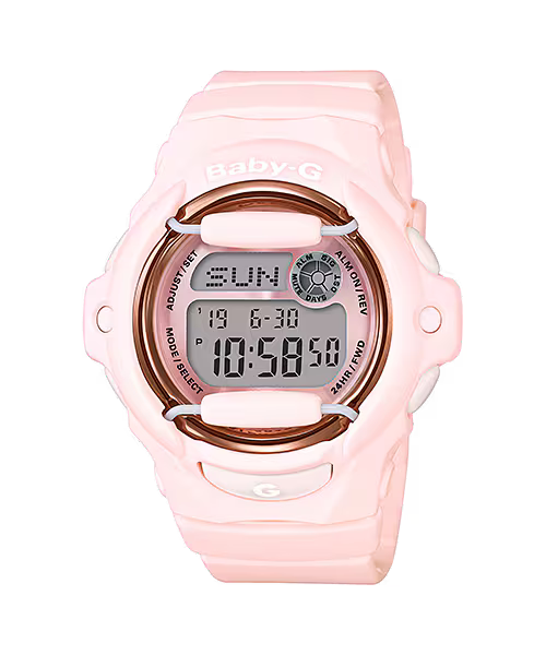 Light pink G-Shock Watch - Baby G - BG-169U-4BCR digital watch featuring a metallic rose-gold circular frame around the display.