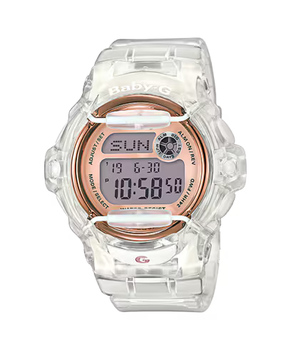G-Shock Watch - Baby G - BG169UG-7B digital watch with a clear translucent band, a rose gold frame, and a digital display showing the day, date, and time.