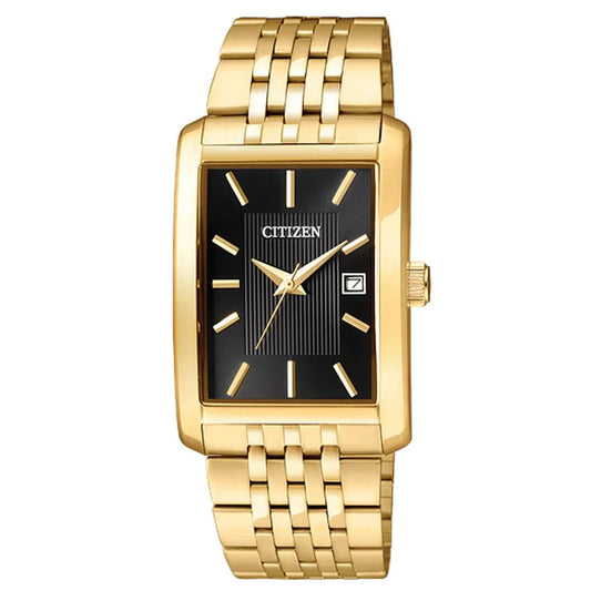 The Citizen Watch - Quartz - BH1673-50E features a gold rectangular case, black dial with gold hour markers, date display at 3 o’clock, linked gold metal band, and a crown on the right for classic men’s style.