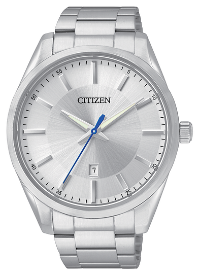 The Citizen Watch - Mens Quartz - BI1030-53A features a metallic band, silver sunburst dial, silver hour markers, date at 6 o'clock, and three hands: blue second hand with silver hour and minute hands.