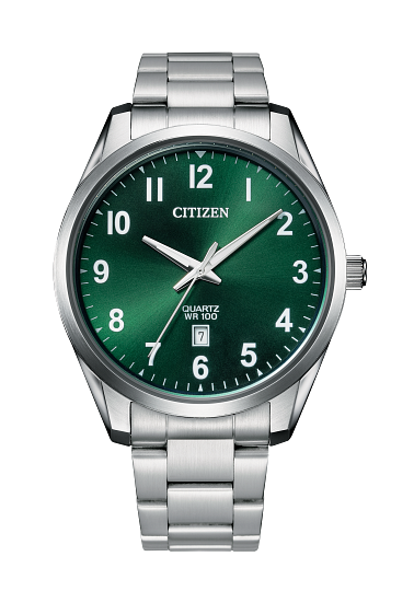 The Citizen Watch - Mens Quartz BI1031-51X features a silver stainless steel band, green face, white markers, date at 6 o’clock, silver hands, and is set to 10:08:37. Branded Citizen QUARTZ WR 100.