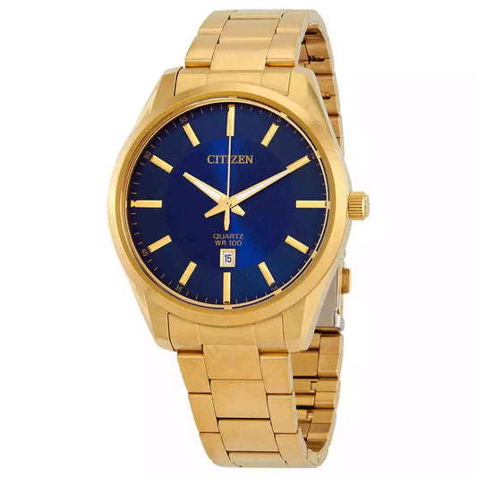 The Citizen Watch - Mens Quartz (BI1032-58L) features a gold-tone case, blue dial, gold markers and hands, date window at 6 o’clock, and a metal link band—delivering timeless elegance from Citizen.