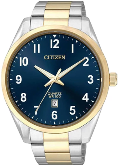 The Citizen Watch - Mens Quartz - BI1036-57L features a blue dial, gold bezel, two-tone stainless steel band, silver hour markers, three gold hands, and a date display at 6 o'clock.