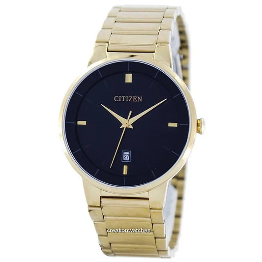 The Citizen Quartz Watch - Quartz - BI5012-53E features a gold-tone stainless steel case, black dial with gold markers and hands, date display at 6 o’clock, and a matching gold metal link band.