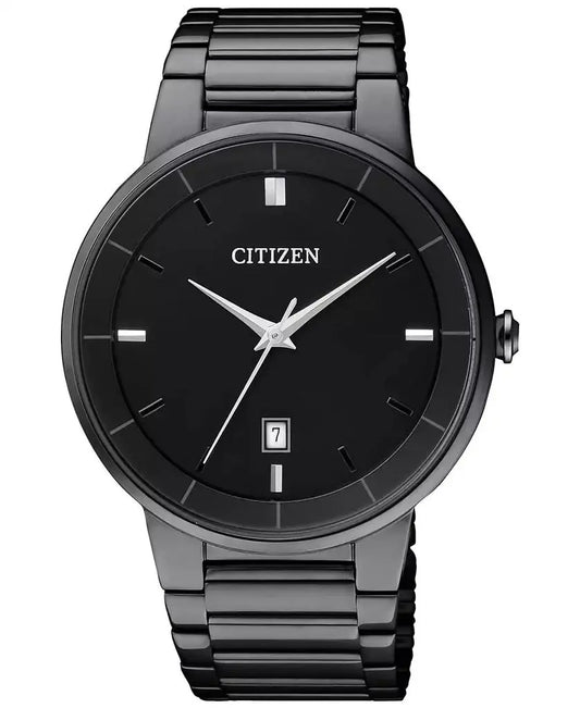 The Citizen Quartz Watch - Quartz - BI5017-50E features a black stainless steel case and band, minimalist dial, silver hands and markers, and a date display at 6 o’clock for a sleek, modern look.