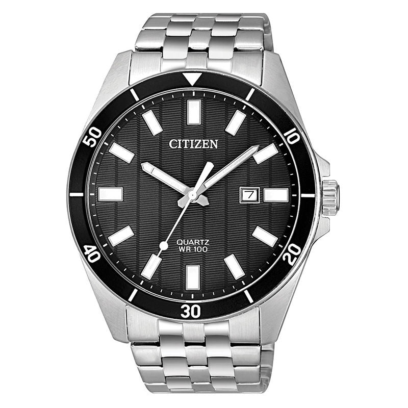 The Citizen Men's Quartz Watch (BI5050-54E) features a silver stainless steel band, black dial with white hour markers, date display at 3 o’clock, and a bezel with minute markings every ten minutes.