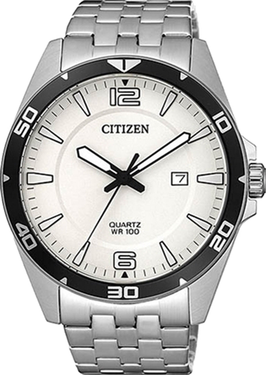 The Citizen Watch - Quartz - BI5051-51A features a silver stainless steel band, white dial, black bezel with large white numerals at ten-minute intervals, bold black hour markers, date window at 3 o’clock, and three hands.