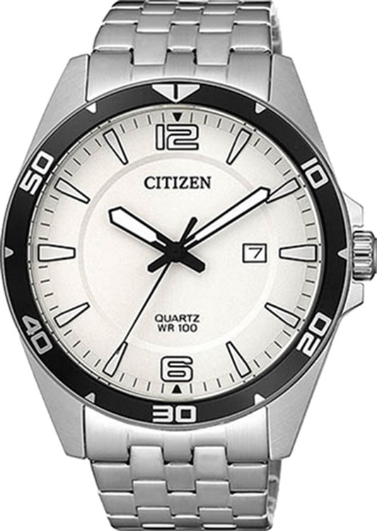 The Citizen Watch - Quartz - BI5051-51A features a silver stainless steel band, white dial, black bezel with large white numerals at ten-minute intervals, bold black hour markers, date window at 3 o’clock, and three hands.