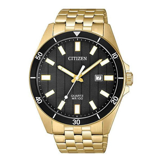 The Citizen Watch - Quartz - BI5052-59E by Citizen features a gold-tone stainless steel case, black dial with luminous markers, date at 3 o’clock, gold metal link band, and black bezel with white numerals at 10-minute intervals.