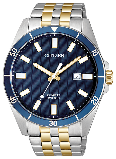 The Citizen Watch - Quartz - BI5054-53L features a blue dial, silver and gold markers, date window, two-tone stainless steel band, blue bezel with white numerals, and a gold-toned crown for a refined look.