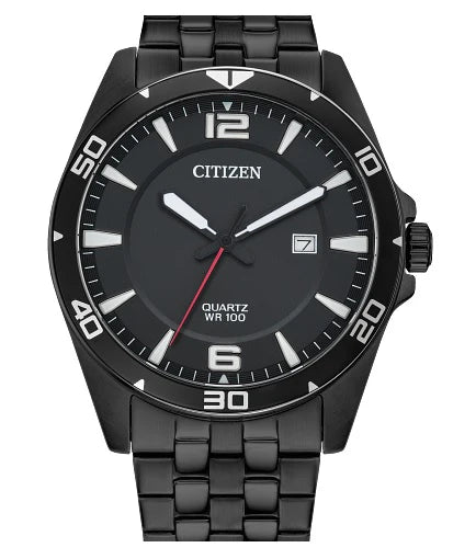 The Citizen Watch - Mens Quartz - BI5055-51E by Citizen features a black metal band, white hour markers, a red second hand, a date window at 3 o’clock, and a bezel with numbers at 10-minute intervals.