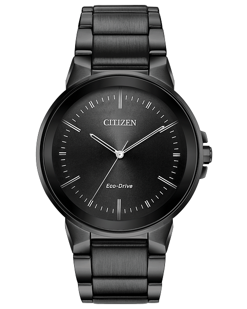 The Citizen Watch - Axiom Eco-Drive (BJ6517-52E) is a black mens stainless steel watch with a minimalist design, silver hour and minute markers, metal link band, and a simple face showing only the Citizen brand name.