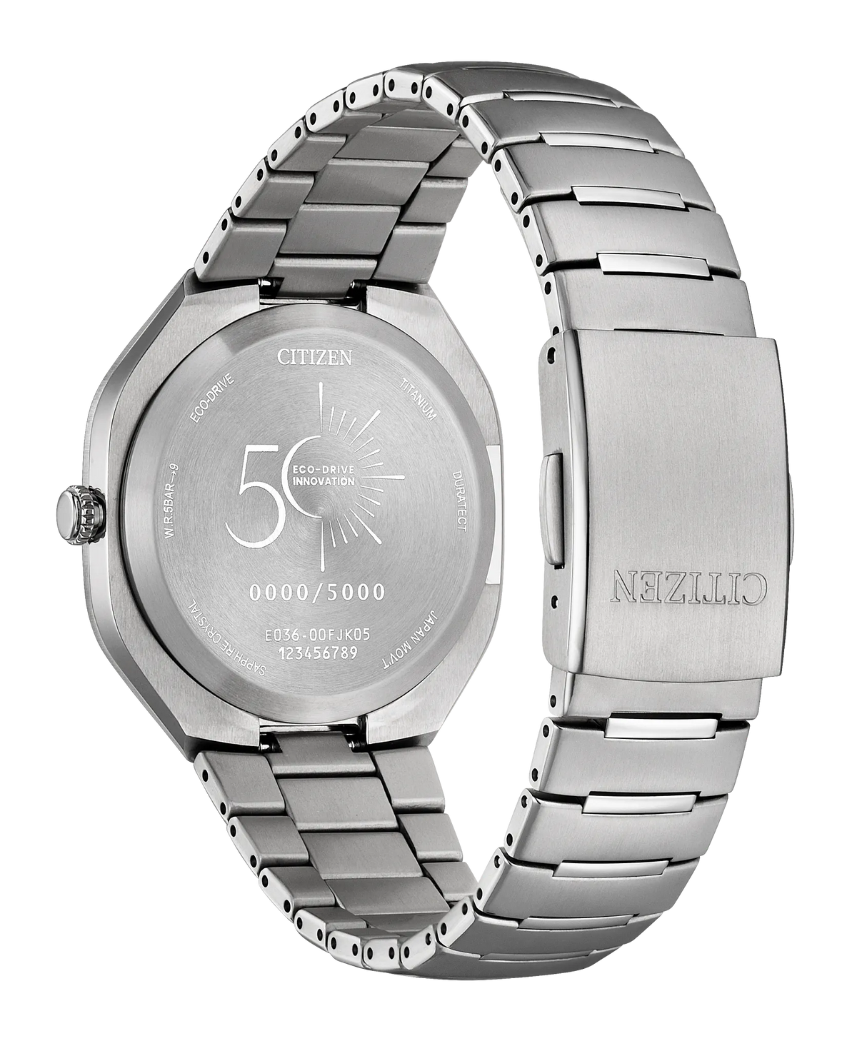 The Citizen Watch - Limited Edition Photon (model BJ6560-53W) is displayed from the back, showcasing detailed engravings such as the Citizen logo, model number, and its unique limited-edition number 0000/5000. This exclusive timepiece features a stainless steel band and clasp, exemplifying Citizen’s exceptional craftsmanship and prestigious design.