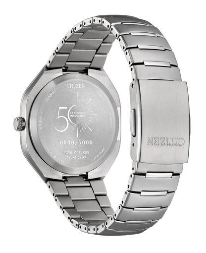 The Citizen Watch - Limited Edition Photon (model BJ6560-53W) is displayed from the back, showcasing detailed engravings such as the Citizen logo, model number, and its unique limited-edition number 0000/5000. This exclusive timepiece features a stainless steel band and clasp, exemplifying Citizen’s exceptional craftsmanship and prestigious design.