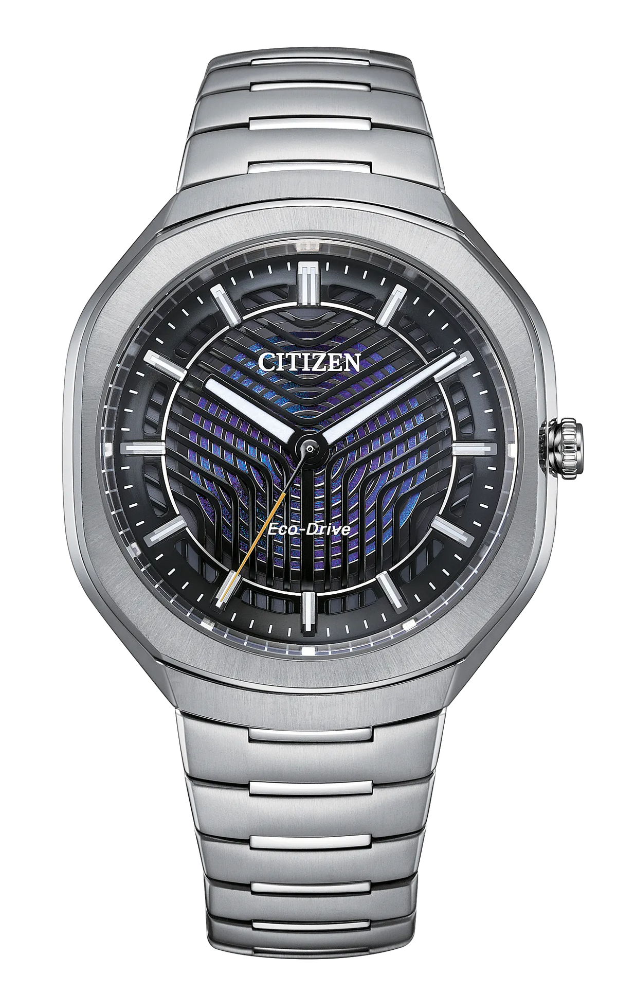 The Citizen Watch - Limited Edition Photon (BJ6560-53W) by Citizen features a silver metal bracelet and round case, showcasing modern elegance with its geometric blue and black dial, silver hour markers, and date window. Powered by advanced Eco-Drive technology, this limited edition timepiece combines innovative function with striking design.