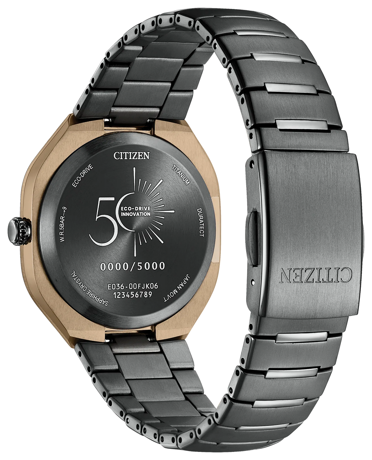 Back view of the Citizen Watch - Limited Edition Photon (BJ6569-59X) featuring a sleek silver band, black case back, special 50th Eco-Drive Innovation logo, distinctive limited edition markings, and engraved serial numbers.