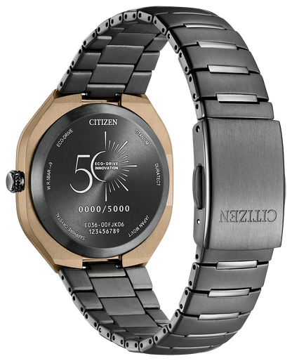 Back view of the Citizen Watch - Limited Edition Photon (BJ6569-59X) featuring a sleek silver band, black case back, special 50th Eco-Drive Innovation logo, distinctive limited edition markings, and engraved serial numbers.