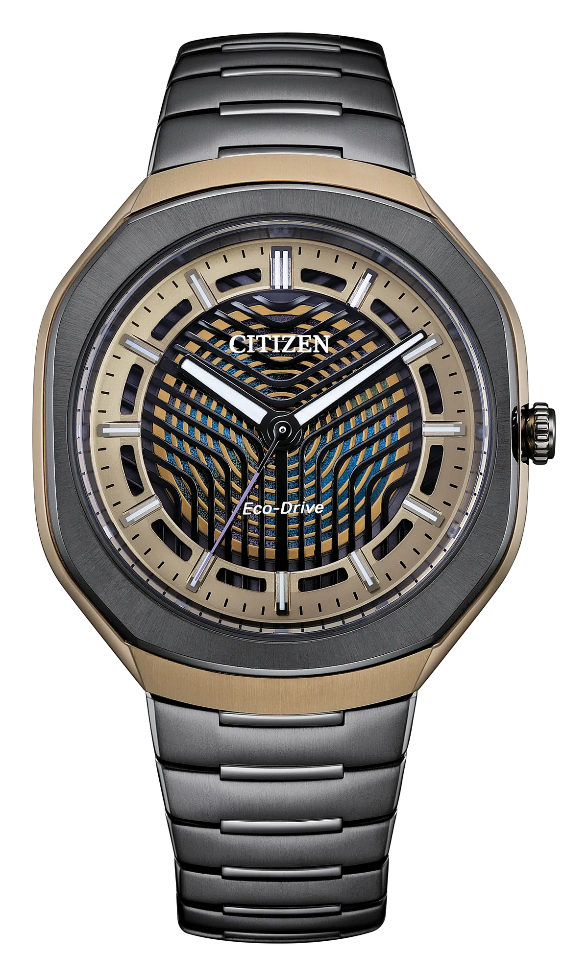 Introducing the Citizen Watch - Limited Edition Photon - BJ6569-59X. This remarkable timepiece by Citizen features a silver and gold-tone Super Titanium band for superior durability and style. The geometric-patterned dial is complemented by bold black hands, while the face prominently displays the CITIZEN and ECO-DRIVE branding to showcase its renowned solar-powered technology. Elegant yet enduring, this limited edition watch perfectly blends sophisticated design with advanced innovation.