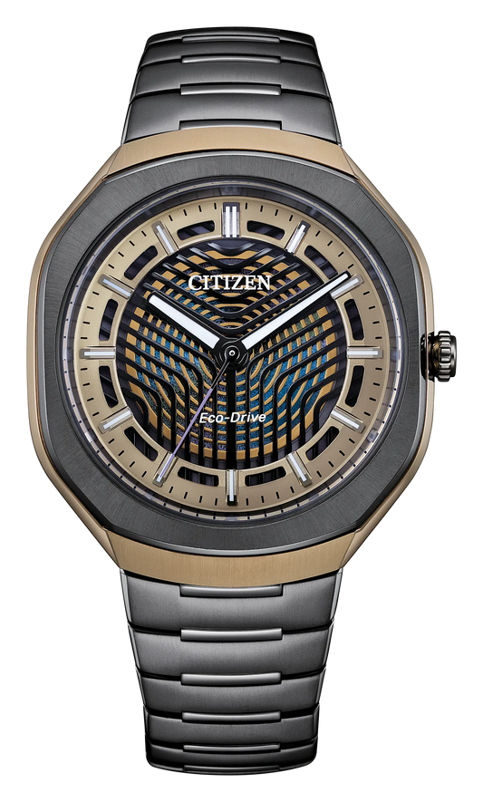 Introducing the Citizen Watch - Limited Edition Photon - BJ6569-59X. This remarkable timepiece by Citizen features a silver and gold-tone Super Titanium band for superior durability and style. The geometric-patterned dial is complemented by bold black hands, while the face prominently displays the CITIZEN and ECO-DRIVE branding to showcase its renowned solar-powered technology. Elegant yet enduring, this limited edition watch perfectly blends sophisticated design with advanced innovation.