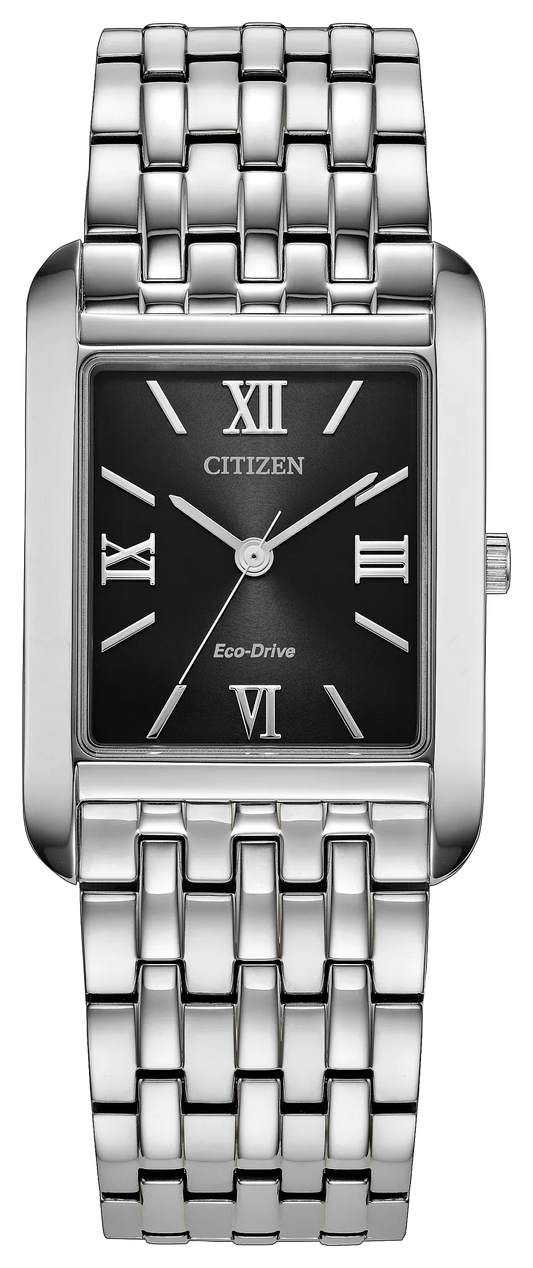 The Citizen Addysen (BJ6570-50E) by Citizen is an elegant Eco-Drive dress watch featuring a rectangular black face with silver Roman numerals and a stainless steel link band. The display shows the time as 10:09:37.