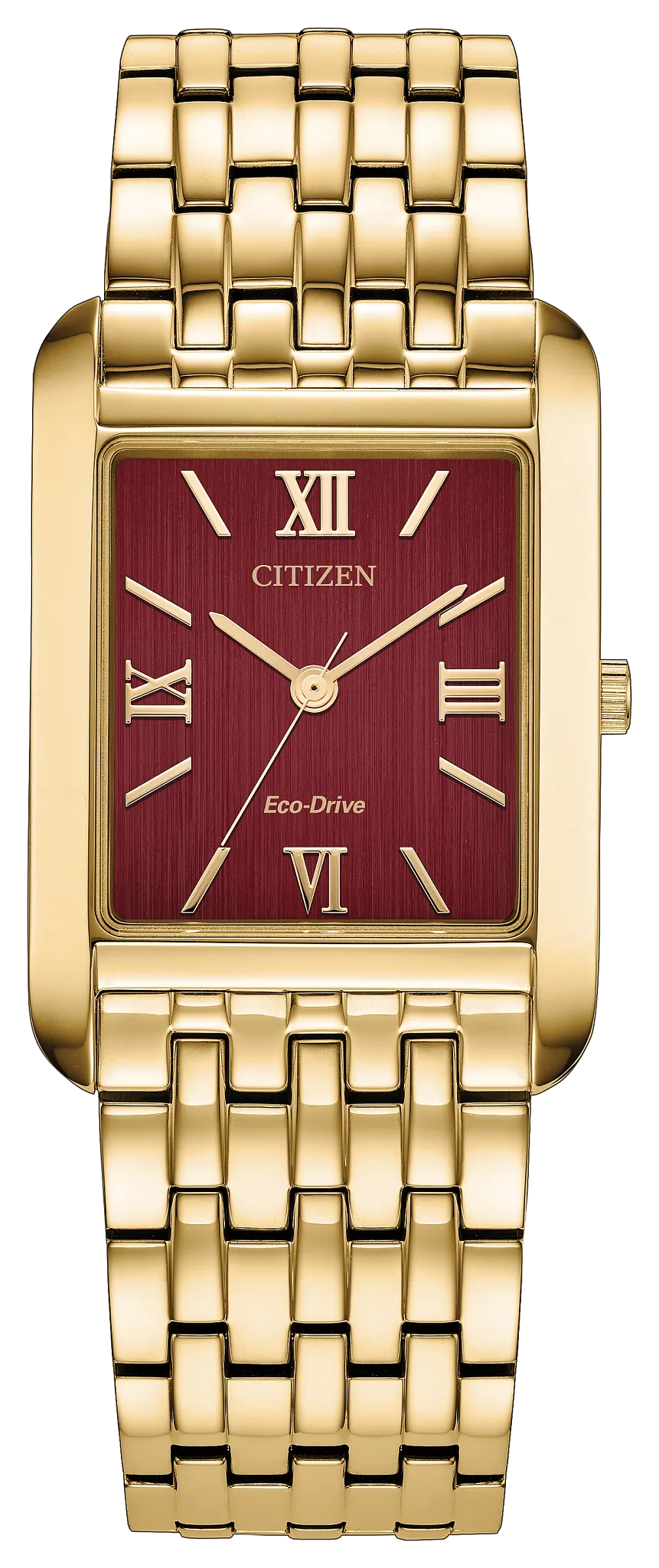 Introducing the Citizen Watch - Addysen Dress Classic (BJ6572-54X) by Citizen—a timeless gold-tone stainless steel Eco-Drive wristwatch featuring a rectangular case and a captivating red dial adorned with gold Roman numerals and hands. The sophisticated design is complemented by a matching gold link bracelet and finished with a single crown on the right side.