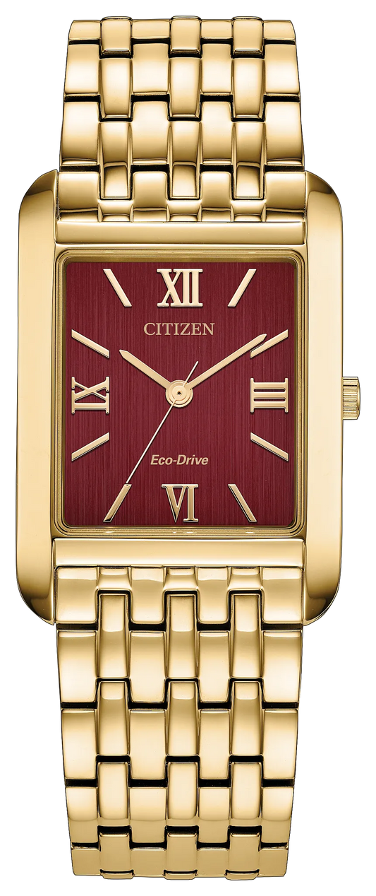 Introducing the Citizen Watch - Addysen Dress Classic (BJ6572-54X) by Citizen—a timeless gold-tone stainless steel Eco-Drive wristwatch featuring a rectangular case and a captivating red dial adorned with gold Roman numerals and hands. The sophisticated design is complemented by a matching gold link bracelet and finished with a single crown on the right side.