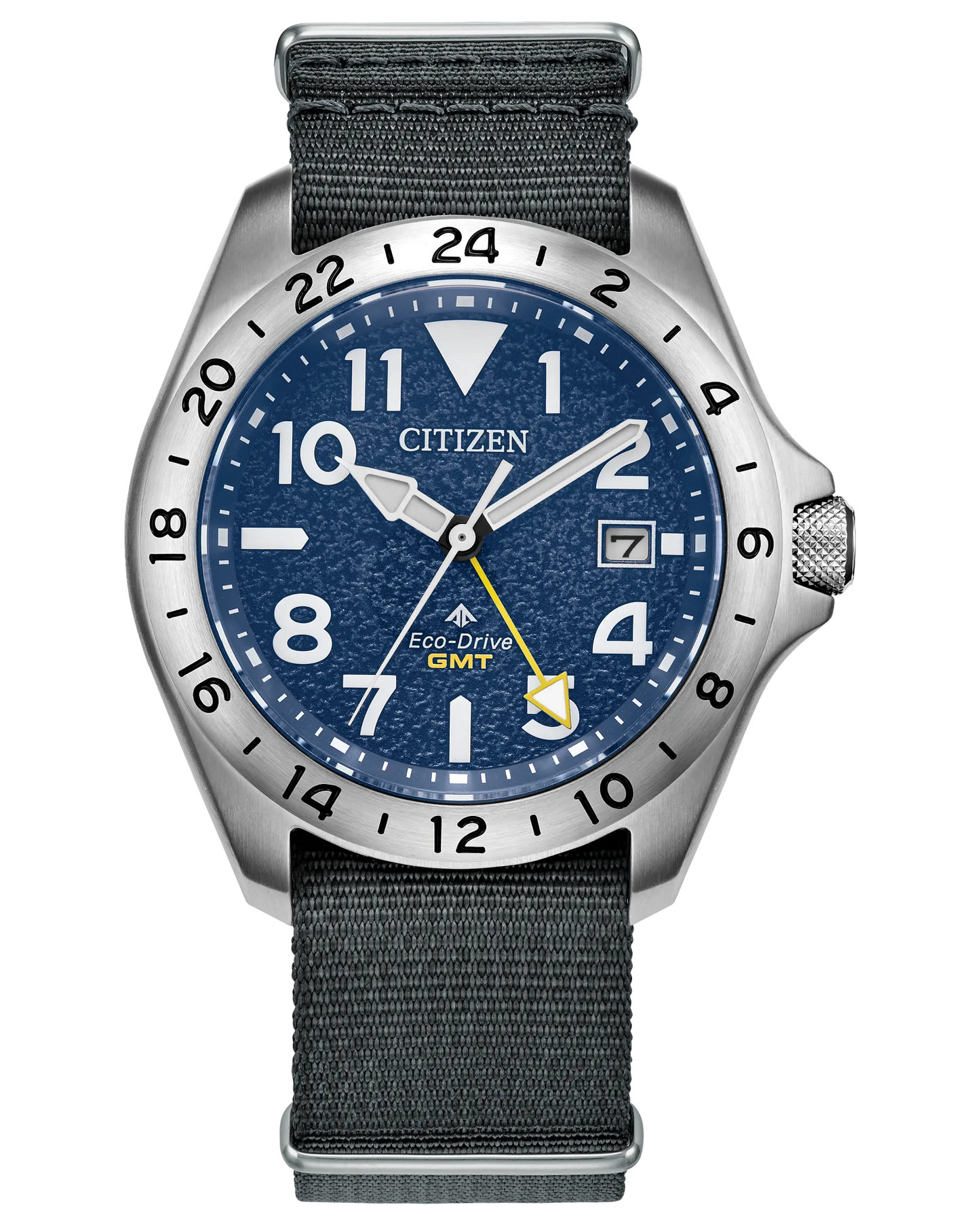 The Citizen Watch - Promaster Land GMT (BJ7150-09L) by Citizen features a blue textured dial, silver 24-hour bezel, white hour markers, date at 3 o’clock, and a gray fabric strap—perfect for any adventure.