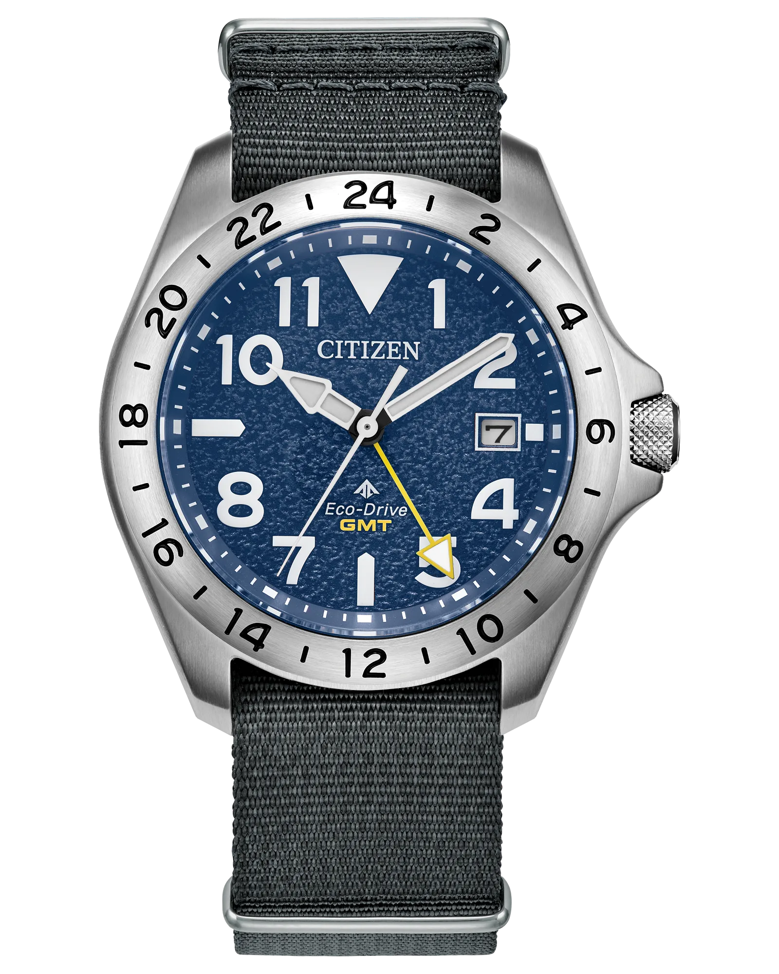 The Citizen Watch - Promaster Land GMT (BJ7150-09L) by Citizen features a blue textured dial, silver 24-hour bezel, white hour markers, date at 3 o’clock, and a gray fabric strap—perfect for any adventure.