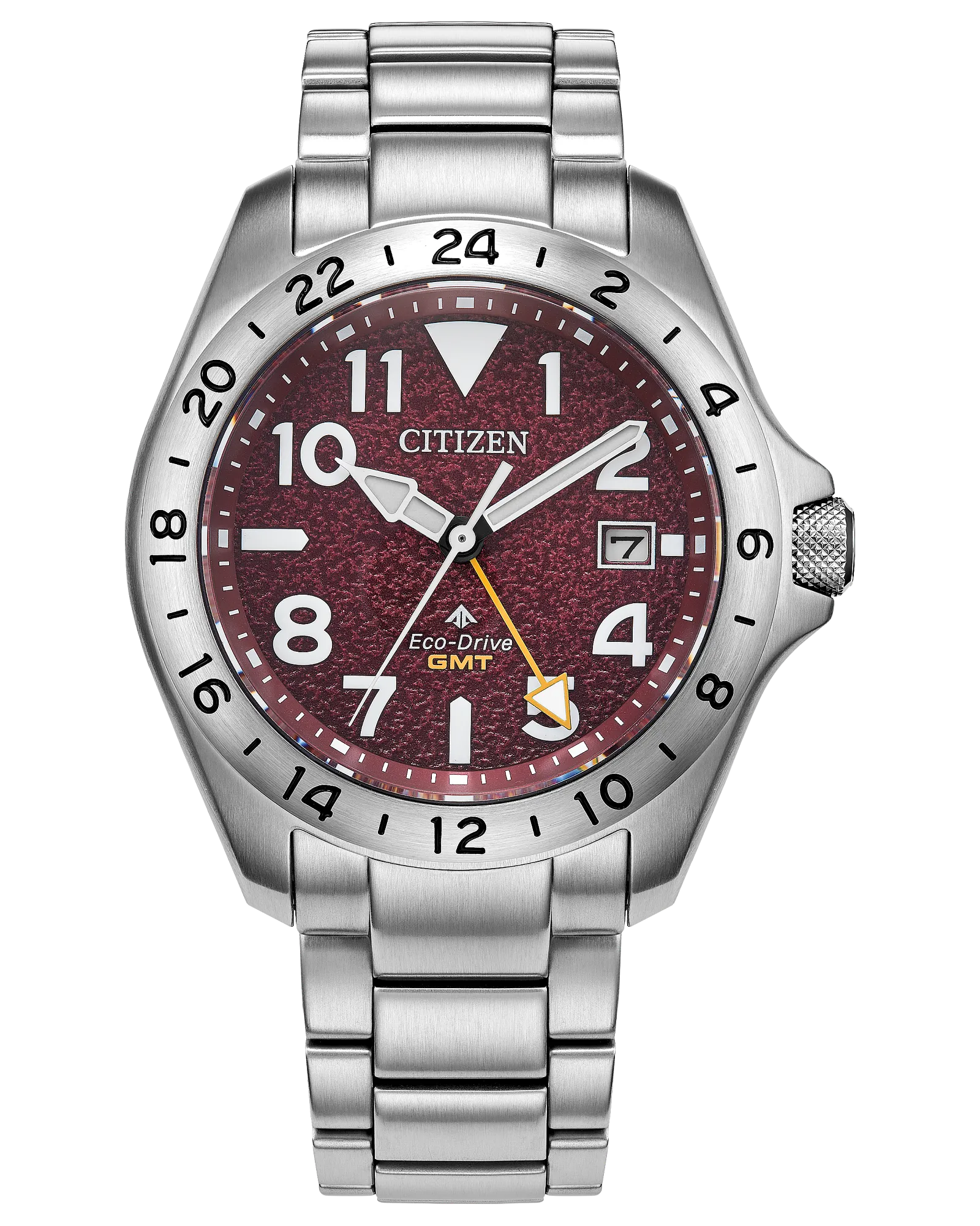 The Citizen Promaster Land BJ7150-50W features a stainless steel band and case, maroon textured dial with white numerals, date window at 3 o'clock, and four hands including a yellow GMT hand.