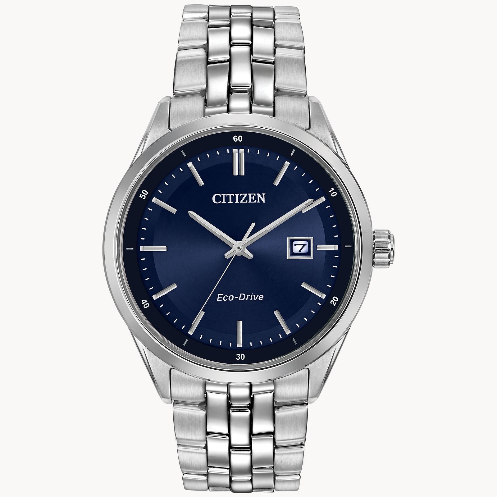 The Citizen Watch - Addysen (BM7251-53L) is a silver men's Eco-Drive watch featuring a stainless steel band, blue dial, silver hour markers, and date display at 3 o'clock, with CITIZEN and Eco-Drive branding on the face.