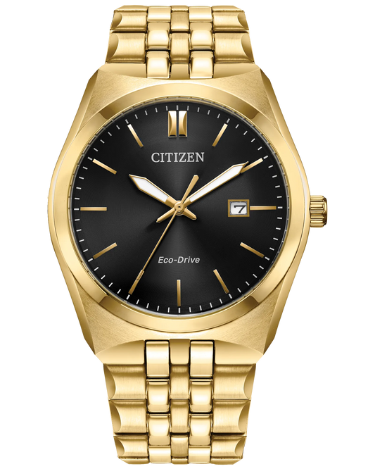 The Citizen Watch - Corso - BM7333-85E features a gold-tone stainless steel case, black dial, gold markers and hands, date display at 3 o’clock, and a stylish gold metal link bracelet.
