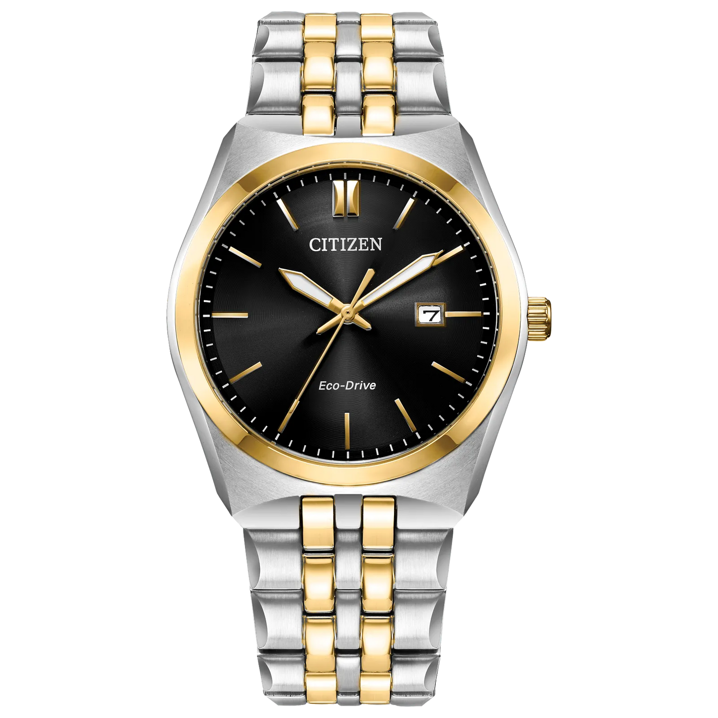The Citizen Corso Men's Eco-Drive (BM7334-58E) features a black dial, gold-tone bezel, silver and gold two-tone stainless steel band, gold markers and hands, and a date window at 3 o’clock.