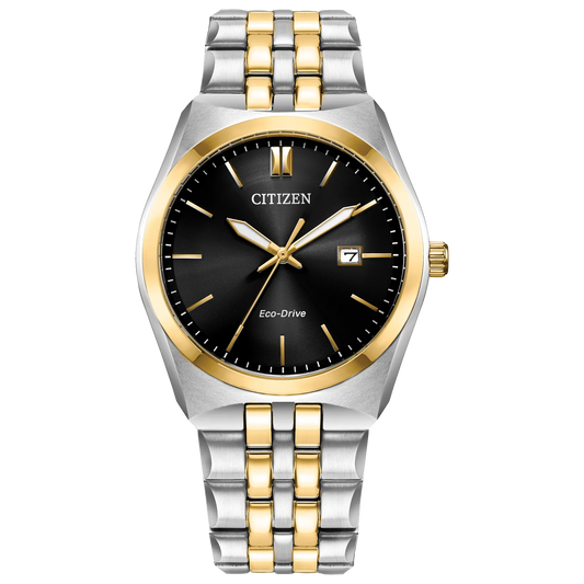 The Citizen Corso Men's Eco-Drive (BM7334-58E) features a black dial, gold-tone bezel, silver and gold two-tone stainless steel band, gold markers and hands, and a date window at 3 o’clock.