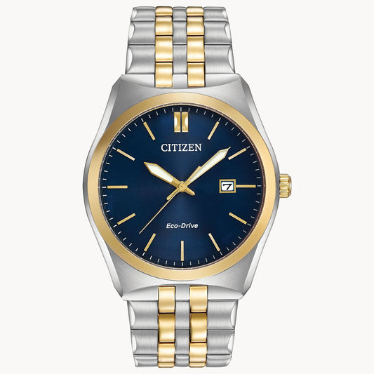 The Citizen Watch - Corso - BM7334-58L features Eco-Drive tech, a blue dial, gold-tone bezel, gold hands and markers, a date display, and a two-tone stainless steel bracelet for a stylish finish.