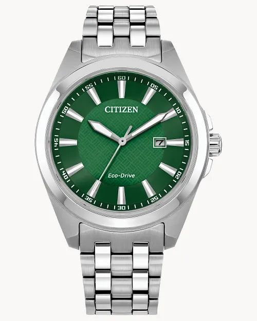 The Citizen Watch - Peyten - BM7530-50X features a silver-tone stainless steel bracelet, green dial, sapphire crystal, silver hour markers and hands, and a date display at 3 o’clock. Brand: Citizen.