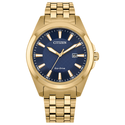 The Citizen Peyten BM7532-54L features a gold-tone stainless steel case and link band, blue patterned dial, sapphire crystal, gold markers, luminous hands, and a date window at 3 o’clock—combining style and Eco-Drive technology.