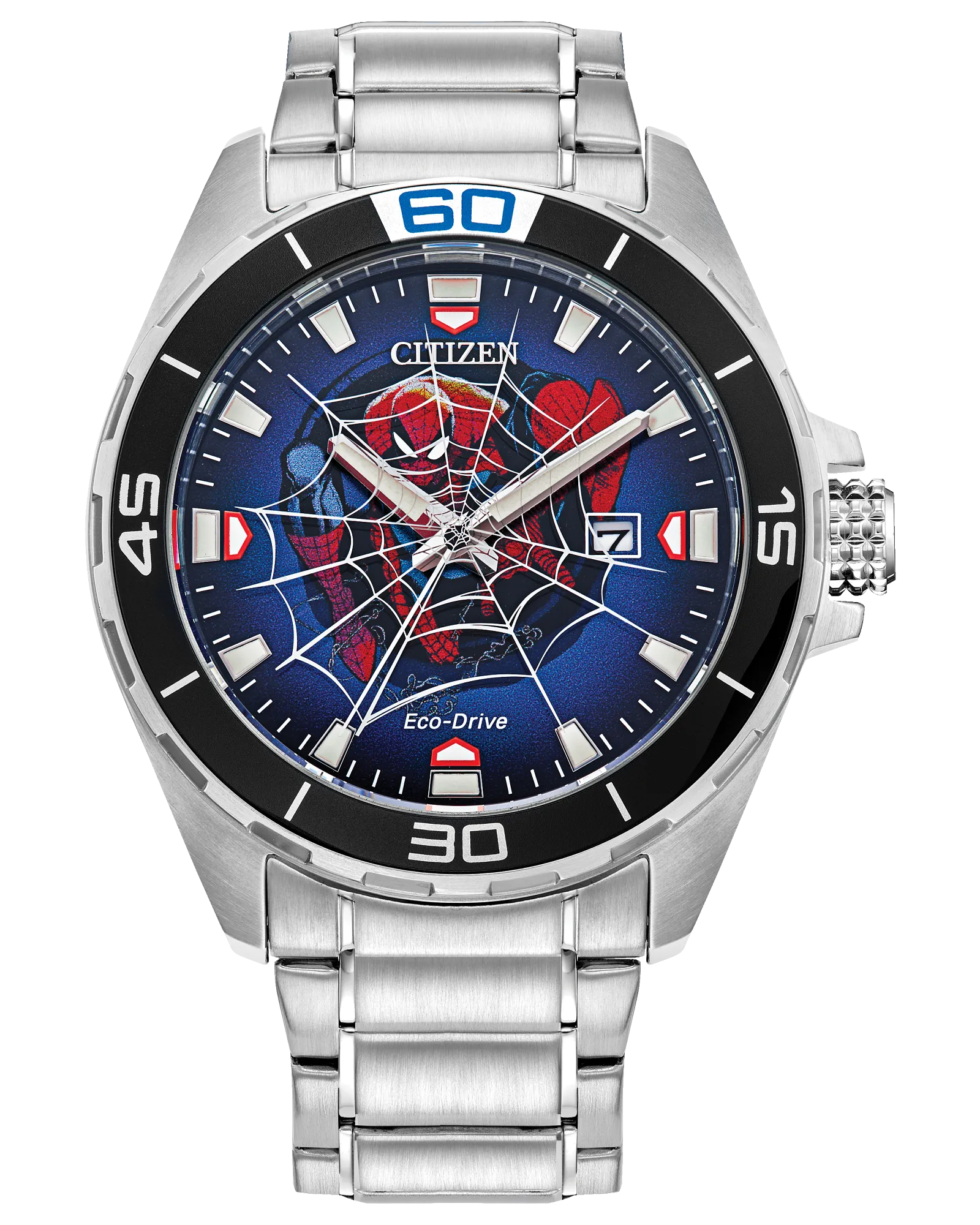 The Citizen Watch - Spider-Man - BM7610-52W by Citizen features a silver metal band, a blue face with Spider-Man artwork and web design, plus a bezel with black and silver accents and numerals at 15, 30, 45, and 60.