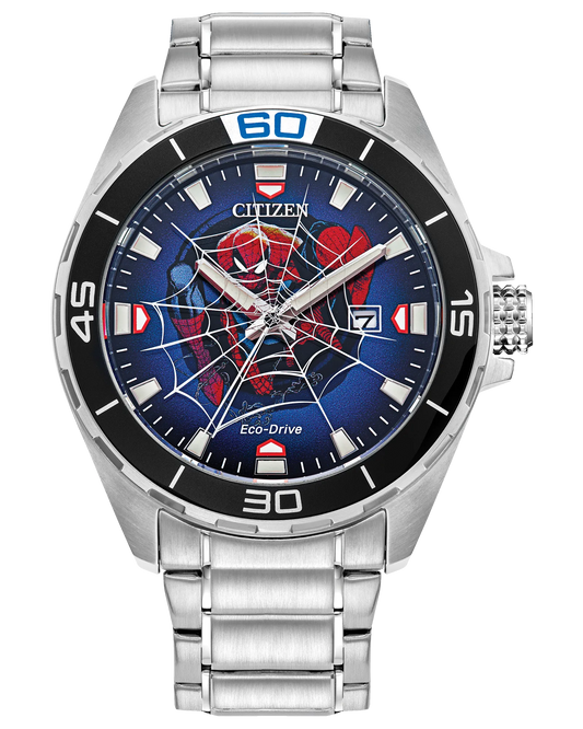 The Citizen Watch - Spider-Man - BM7610-52W by Citizen features a silver metal band, a blue face with Spider-Man artwork and web design, plus a bezel with black and silver accents and numerals at 15, 30, 45, and 60.