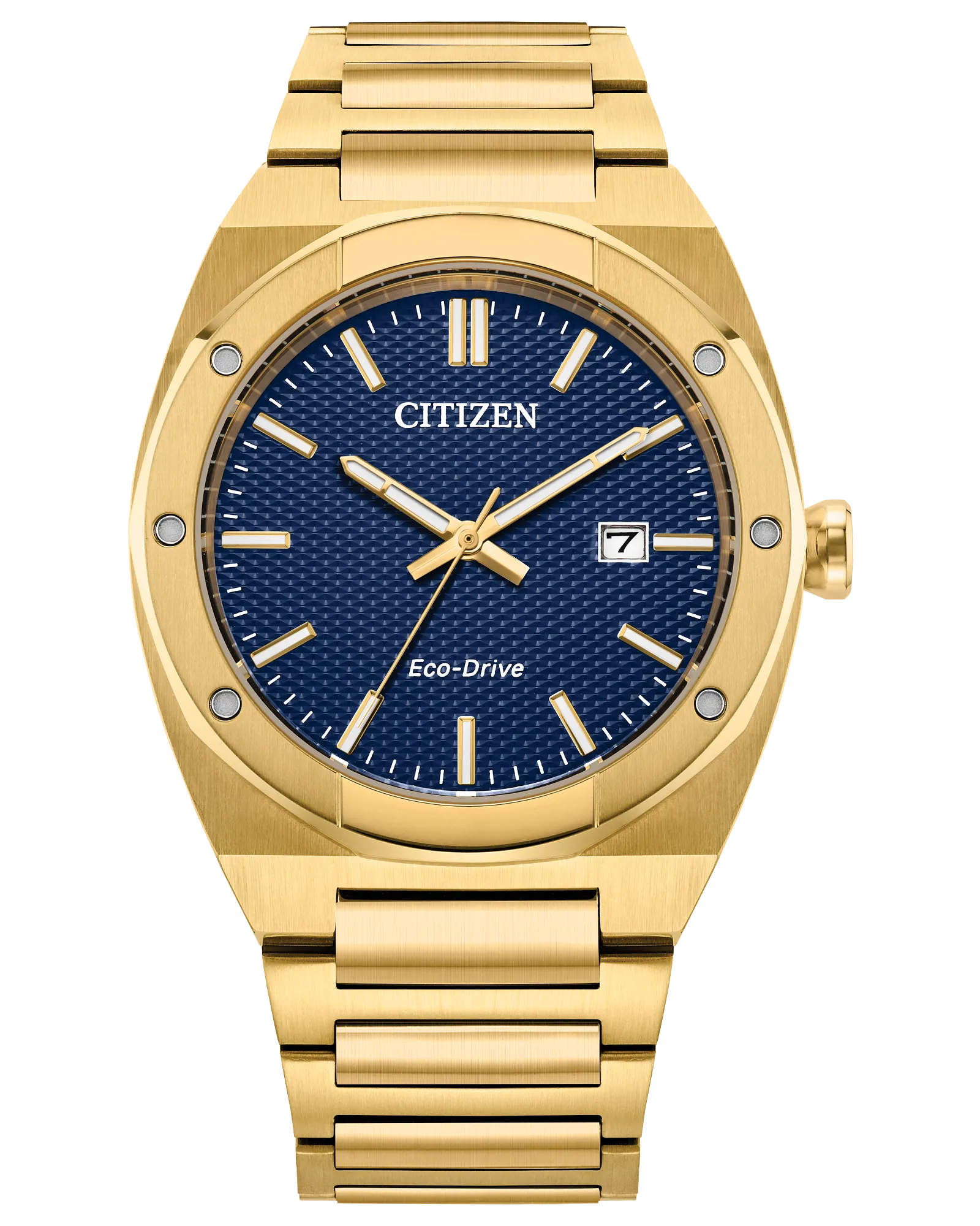 The Citizen Watch - Sport Luxury - BM7662-59L by Citizen features a gold-tone case and band, blue textured dial, gold hour markers and hands, date window at 3 o’clock, offering timeless Sport Luxury style.
