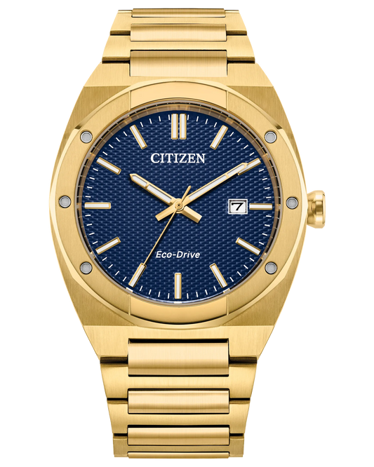 The Citizen Watch - Sport Luxury - BM7662-59L by Citizen features a gold-tone case and band, blue textured dial, gold hour markers and hands, date window at 3 o’clock, offering timeless Sport Luxury style.